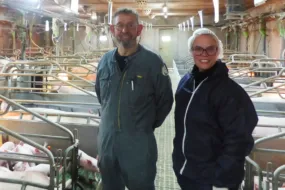 Un homme et une femme dans une maternité porcine