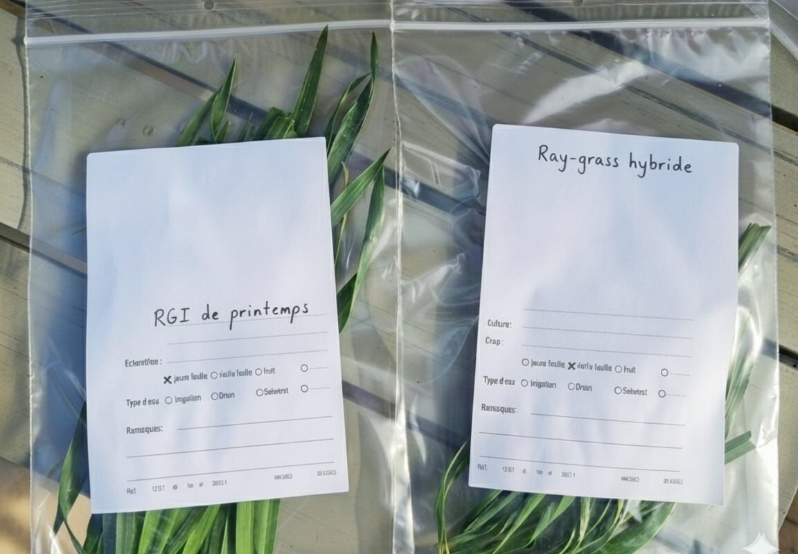 Des brins dherbe dans des sacs avec une fiche d'identification - Illustration L’analyse de sève  pilote vos cultures