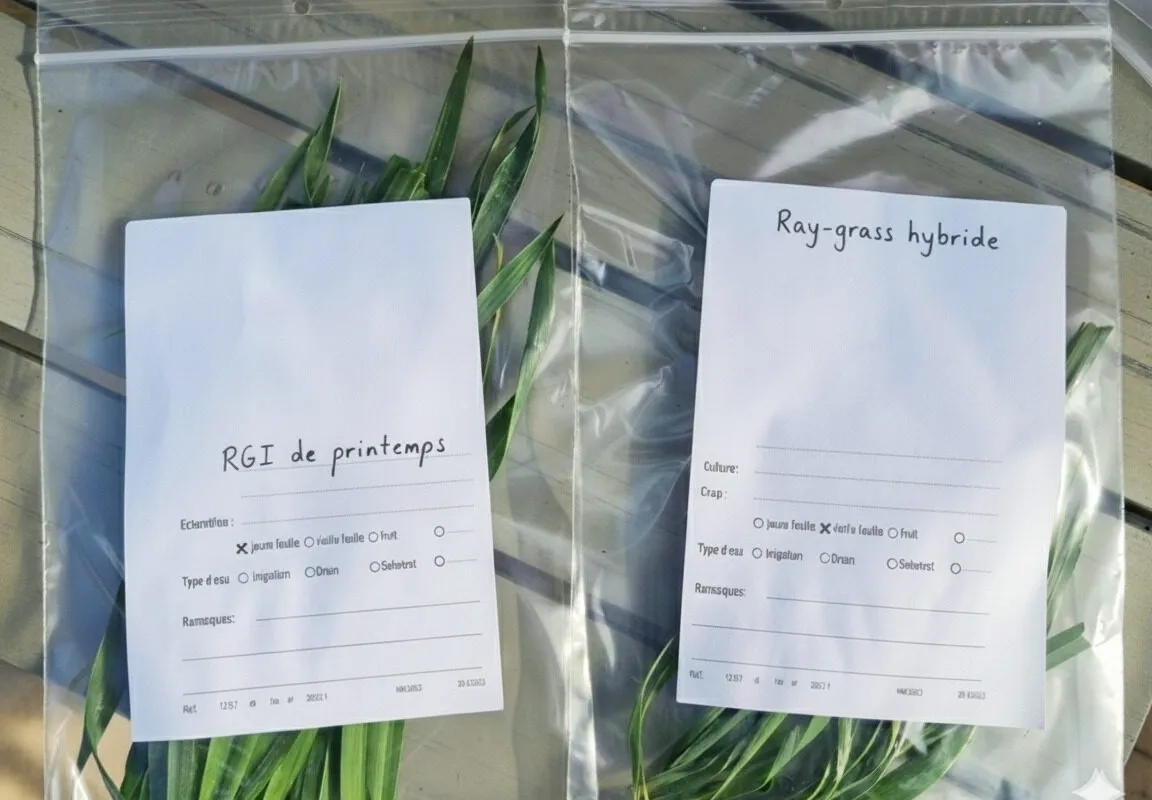 Des brins dherbe dans des sacs avec une fiche d'identification - Illustration L&rsquo;analyse de sève  pilote vos cultures