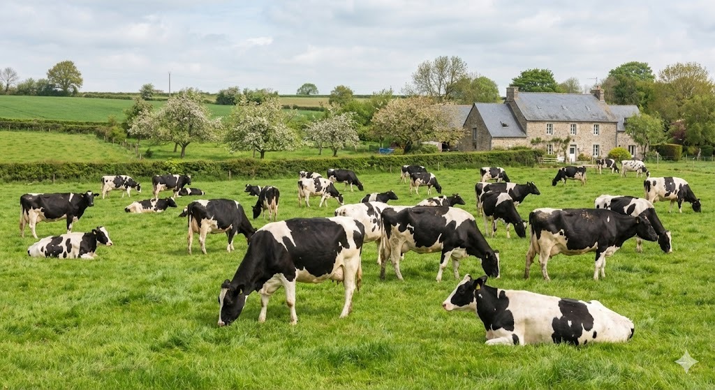 Des vaches broutent dans un champ avec un paysage et bocage et une habitation en pierre derrière - Illustration Installations élevages : seuils relevés  