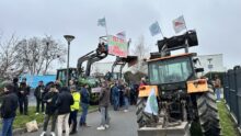Des manifestants avec des drapeaux et des pancartes accrochés sur des tracteurs