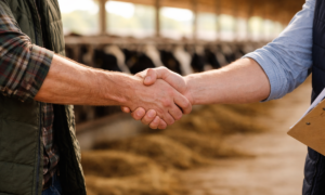 Une poignée de main dans un bâtiment d'élvage avec des vaches au cornadis en arrière plan