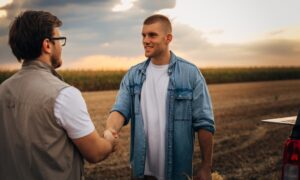 Un agriculteur serre la main d'un partenaire dans un champ