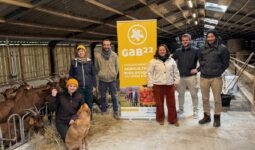 Trois femmes, trois hommes et un chien dans un bâtiment d'élevage de chèvres