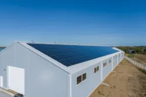 Image de synthèse d'un bâtiment agricole avec une couverture en panneaux photovoltaïques