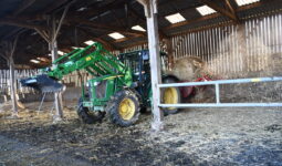 Un tracteur et une dérouleuse-pailleuse en fonctionnement dans une stabulation