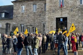 Des manifestants du syndicat agricole de la Confédération Paysanne portent leurs drapeaux jaunes devant le mur en pierres d'une mairie