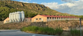 Des silos devant les bâtiments d'un élevage de porc en Espagne