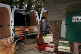 Un homme en train de charger des cageots de légumes dans une camionnette