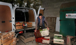 Un homme en train de charger des cageots de légumes dans une camionnette