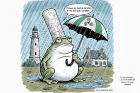 Un dessun d'une grenouille sous la pluie avec une coiffre bretonne et un parapluie. dans la bulle un proverbe en breton qui se traduit par : quand le soleil se lèvera, la pluie cessera