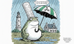 Un dessun d'une grenouille sous la pluie avec une coiffre bretonne et un parapluie. dans la bulle un proverbe en breton qui se traduit par : quand le soleil se lèvera, la pluie cessera