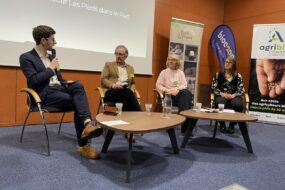 Des hommes et femmes assis derrière des tables basses dans une salle de réunion. Un homme parle dans un micro