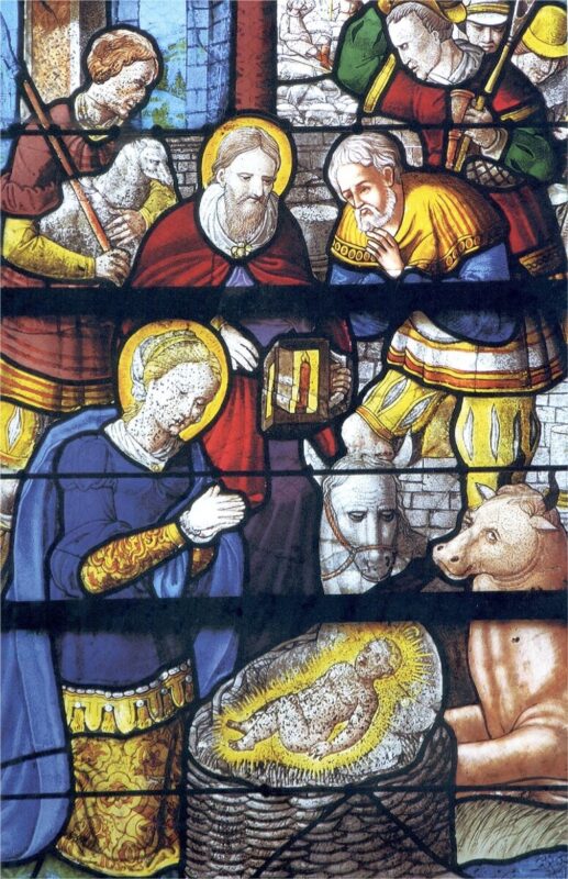 Âne personnifié sur un vitrail représentant
la Nativité
à Bazouges-la-Pérouse (35).