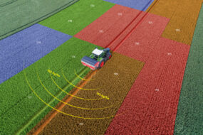 Image de synthèse illustrant la modulation intraparcellaire lors d'un épandage d'engrais dans un champ