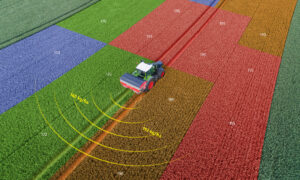 Image de synthèse illustrant la modulation intraparcellaire lors d'un épandage d'engrais dans un champ