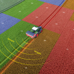Image de synthèse illustrant la modulation intraparcellaire lors d'un épandage d'engrais dans un champ