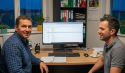 Deux personnes assises à un bureau devant un ordinateur