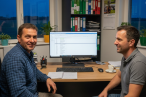 Deux personnes assises à un bureau devant un ordinateur