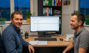 Deux personnes assises à un bureau devant un ordinateur