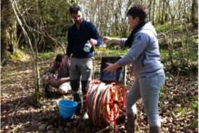 Trois personnes en train d'effectuer des analyses dans un bois