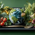 Un assiette rectangle avec une gmobe terrestre entouré de légumes et une fourchette