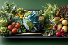 Un assiette rectangle avec une gmobe terrestre entouré de légumes et une fourchette
