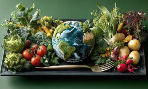 Un assiette rectangle avec une gmobe terrestre entouré de légumes et une fourchette