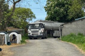 Un camion-citerne entre dans la cour d'une ferme où on aperçoit des niches à veau pour collecter la production.