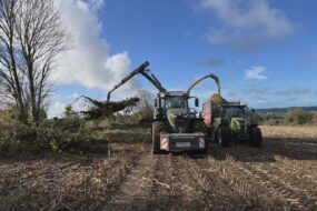 Deux tracteurs dont un avec un grappin et l'autre une remoque dans un champ avec ungr