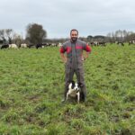 Un éleveur en combinaison de travail avec son chien de troupeau de race Border collie dans une prairie où pâture un troupeau de vaches de race Holstein au second plan