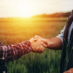 gros plan sur une poignée de main entre agriculteurs dans un champ avec le soleil couchant derrière