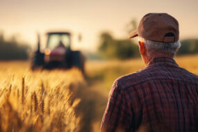 Un homme d'un certain âge avec une casquette de dos dans un champ de blé avec un tracteur au travail en arrière plan