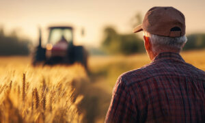 Un homme d'un certain âge avec une casquette de dos dans un champ de blé avec un tracteur au travail en arrière plan