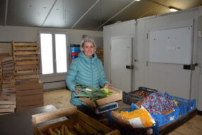 Une femme avec une charlotte qui remplit et pèse des cageots de légumes