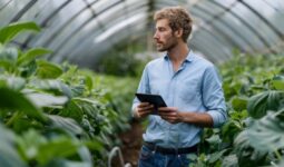 homme dans une serre avec une tablette