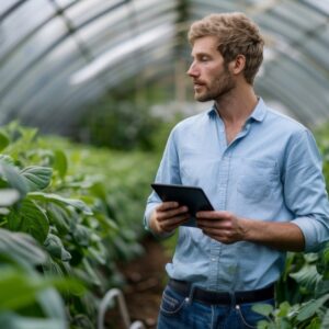 homme dans une serre avec une tablette
