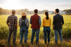 cinq personnes de divers horizon de dos devant un champ