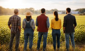 cinq personnes de divers horizon de dos devant un champ