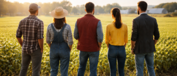 cinq personnes de divers horizon de dos devant un champ