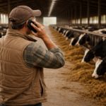 Agriculteur avec son téléphone à l'oreille dans un étable