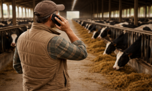 Agriculteur avec son téléphone à l'oreille dans un étable