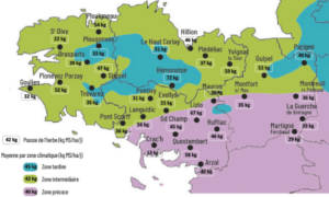 carte de la pousse de l'herbe en bretagne du 10 au 16 mars 2026