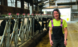 Une femme souriante près d'un cornadis autobloquant dans un bâtiment d'élevage abritant de vaches de race Prim'Holstein