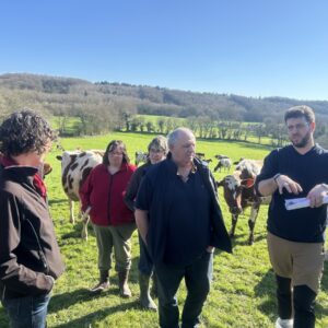 Les associés du Gaec Kergoat, à Spézet, dans un champ avec les vaches