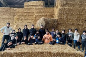 Un homme et des enfants portant des bonnets noirs devant un mur de bottes de paille dans un élevage