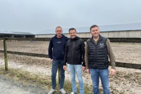 3 hommes devant un parc dans une exploitation agricole