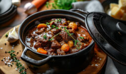 Un boeuf bourguignon dans une cocotte en fonte posée sur une tables avec plein d'ingrédients autour