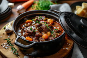 Un boeuf bourguignon dans une cocotte en fonte posée sur une tables avec plein d'ingrédients autour