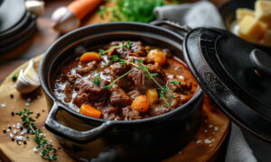 Un boeuf bourguignon dans une cocotte en fonte posée sur une tables avec plein d'ingrédients autour